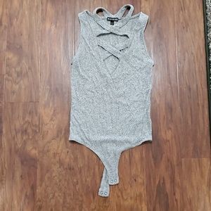 Heather grey low cut criss cross bodysuit